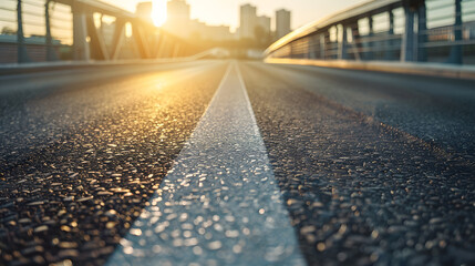 Poster - Asphalt road and bridge with urban architecture at sunset : Generative AI