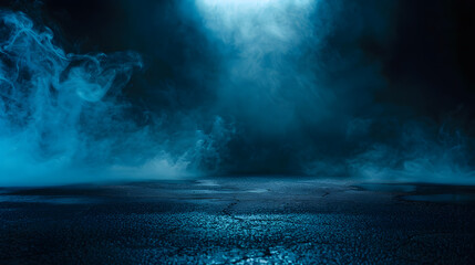 Poster - A dark empty street dark blue background an empty dark scene neon light spotlights The asphalt floor and studio room with smoke float up the interior texture night view : Generative AI