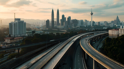 Low angle curvy flyover highway moving forward road with kuala lumpur cityscape evening scene view : Generative AI