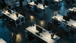 © Generative AI - Elevated High Angle Shot of Dark Empty Office with Wheelchairs Desks and Computers Concept of Finishing Working Alone Late at Night : Generative AI