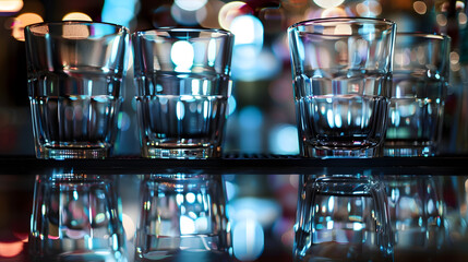 Aufkleber - Closeup photo of clean washed and polished bar and pub glasses hanging over Empty glasses ware on table in night club with reflection Empty clean bar glasses background : Generative AI
