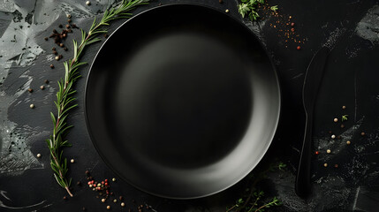 Aufkleber - An empty black plate on a dark concrete background with spices herbs and cutlery Home dinner cooking : Generative AI