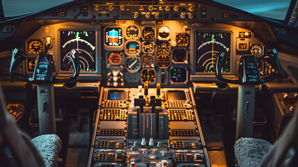 Poster - Control panel and control equipment of plane in cockpit Plane cockpit with many function to control plane monitor equipment in plane cockpit and operation by pilot and copilot in plane : Generative AI