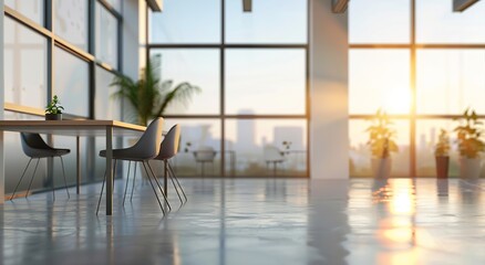 Canvas Print - An elegant interior shot of a modern office space with seats and tables during a golden sunset