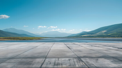 Poster - Empty square floor and river with mountains under blue sky : Generative AI