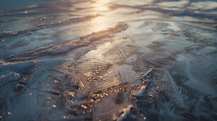 Poster - The surface of the ice river with traces of shoes : Generative AI