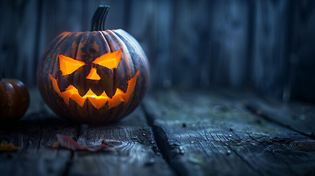 Halloween pumpkin Jack o lantern wooden background copy space