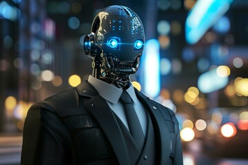 Poster - Sophisticated artificial intelligence robot with a humanoid appearance dressed in a suit against a blurred city lights background
