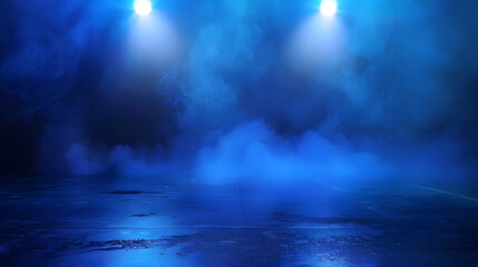 Poster - Dark empty scene blue neon searchlight light wet asphalt smoke night view rays : Generative AI