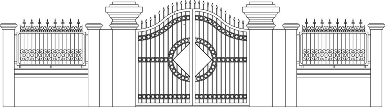 Vector illustration sketch of architectural engineering drawing design of European vintage classic design iron fence gate