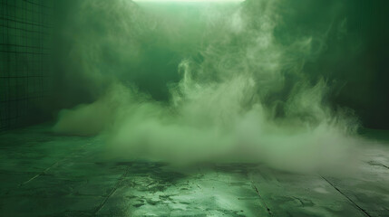Poster - green concrete marble stone floor with smoke float use as background for advertising abstract dark green background smoke smog empty dark scene neon light spotlights concrete floor : Generative AI