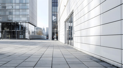 Poster - large modern building with high white wall near empty sidewalk covered with grey stone tiles on city street in spring : Generative AI