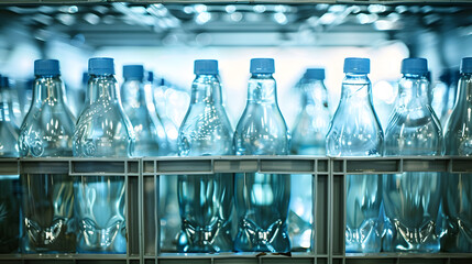 Poster - Water bottle crate stacked with empty glass bottle in storage New and clean from factory : Generative AI