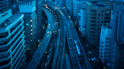 Aufkleber - Divided highway passing through city buildings blue nostalgia high contrast : Generative AI