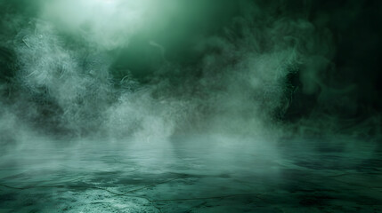 Poster - green concrete marble stone floor with smoke float use as background for advertising abstract dark green background smoke smog empty dark scene neon light spotlights concrete floor : Generative AI