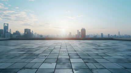 Poster - Perspective view of empty concrete tiles floor of rooftop with city skyline Morning scene : Generative AI