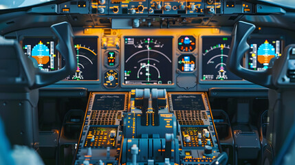 Poster - Control panel and control equipment of plane in cockpit Plane cockpit with many function to control plane monitor equipment in plane cockpit and operation by pilot and copilot in plane : Generative AI