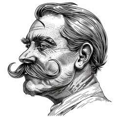 Wall Mural - A man with a mustache and a serious expression. The man's face is drawn in black and white. Character in a drawn style. Illustration for cover, card, postcard, interior design, decor or print.