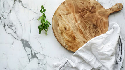 Aufkleber - Wood cutting board with linen napkin and plant on marble table with copy space top view : Generative AI