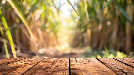 Leinwandbilder - The empty wooden brown table top with blur background of sugarcane plantation Exuberant image : Generative AI