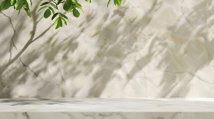 Aufkleber - Minimal empty white marble stone counter table top green tree in sunlight leaf shadow on beige brown stucco cement wall : Generative AI