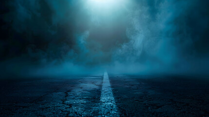 Poster - Rays spotlights light Empty dark scene with blue light Asphalt blue dark street with smoke : Generative AI