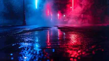 Aufkleber - Wet asphalt reflection of neon lights a searchlight smoke Abstract light in a dark empty street with smoke smog Dark background scene of empty street night view night city : Generative AI