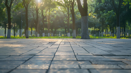 Poster - Empty square floor and green woods natural scenery in city park : Generative AI