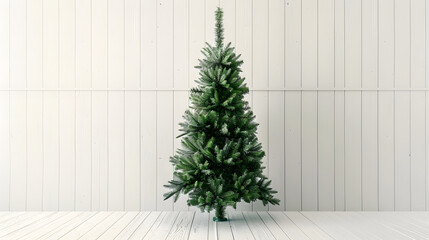 Poster - Green Christmas tree with white wood background : Generative AI