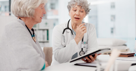 Poster - Senior doctor, tablet and talking to patient for healthcare prescription or diagnosis at hospital. Mature medical professional consulting elderly female person on technology for help advice at clinic