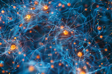 Wall Mural - A blue and orange image of many small dots that look like neurons
