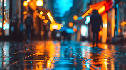 Blurred old city pedestrian street and night city lights after rain : Generative AI