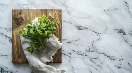 Aufkleber - Wood cutting board with linen napkin and plant on marble table with copy space top view : Generative AI