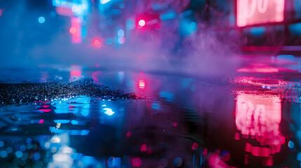 Aufkleber - Wet asphalt reflection of neon lights a searchlight smoke Abstract light in a dark empty street with smoke smog Dark background scene of empty street night view night city : Generative AI