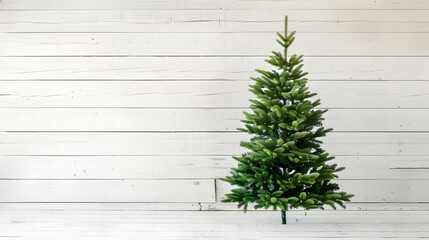 Poster - Green Christmas tree with white wood background : Generative AI