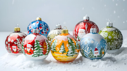 Poster - Group of colorful Christmas ball with drawing of Santa Claus and trees on a white snow background : Generative AI