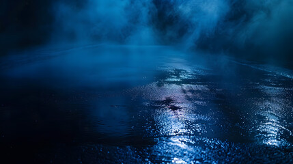 Poster - Dark street wet asphalt reflections of rays in the water Abstract dark blue background smoke smog Empty dark scene neon light spotlights Concrete floor : Generative AI
