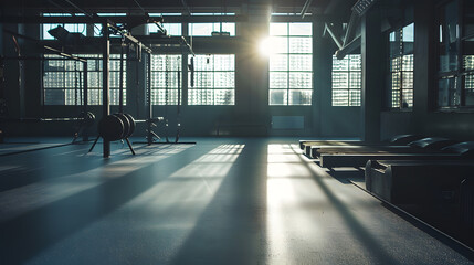 Aufkleber - Empty gym and interior space or dark room with window and light flare for exercise training and fitness workout No people sports club and floor layout of exercising venue facility and  : Generative AI