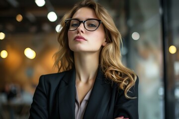 Poster - Portrait of an elegantly dressed businesswoman with glasses in a corporate environment