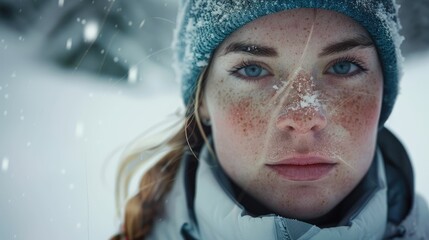 Wall Mural - The close up picture of the person looking at the camera with the white snow background in the middle of the snowy ice field, the skill require for ice field are fitness, ice safety knowledge. AIG43.