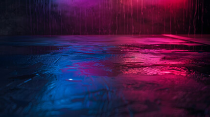 Poster - Wet asphalt night view neon reflection on the concrete floor Night empty stage studio Dark abstract background Product Showcase Spotlight Background : Generative AI