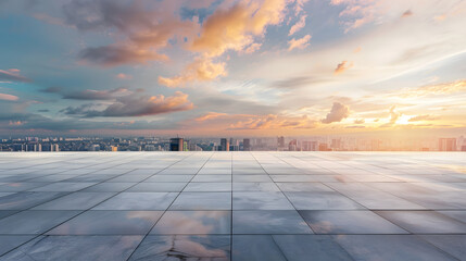 Wall Mural - Empty floor and modern city skyline with sky clouds at sunset : Generative AI