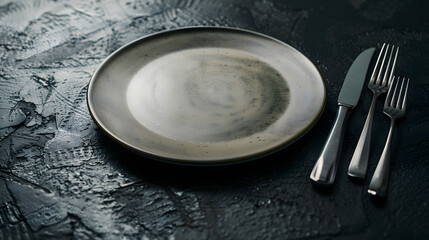 Aufkleber - Empty ceramic plate on dark textured concrete background Cutlery on the kitchen table : Generative AI