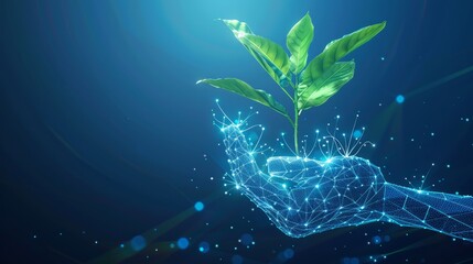 abstract sustainable economy concept with digital hand-holding plant on blue background - low poly wireframe vector illustration hyper realistic 