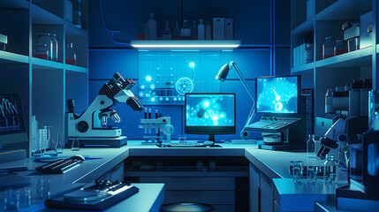 Poster - Modern medical research laboratory Empty workplace of a scientist or researcher with computers microscope test tubes flasks and magnifying lamp Dark biochemical laboratory in the blue  : Generative AI
