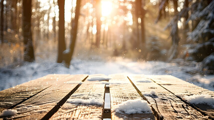Aufkleber - Vintage winter background Empty wooden table blurry forest snow sunshine and bookeh effect : Generative AI