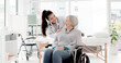 © peopleimages.com - Happy, senior care and woman with a disability and doctor for healthcare, support and consulting. Smile, love and face portrait of a medical employee and elderly patient in a wheelchair at a clinic