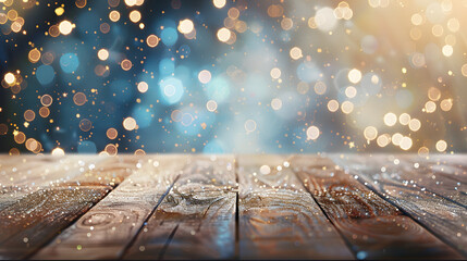 Poster - Glittering Christmas holiday background with empty wooden table in front : Generative AI