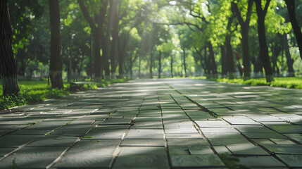 Poster - Empty square floor and green forest in the city park : Generative AI