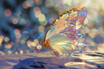 Poster - Digitally enhanced butterfly with iridescent wings sitting on water amidst sparkling bokeh